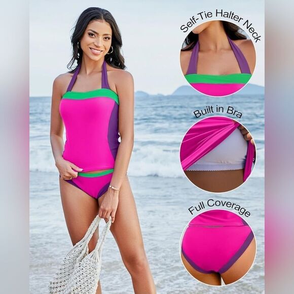 ⏭️NWOT Hot Pink, Neon Green, & Purple Colorblock Tankini Bathing Suit Medium - Picture 14 of 14